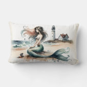 Mermaid Lighthouse Coastal Watercolor Scene ランバークッション (裏面)
