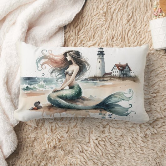 Mermaid Lighthouse Coastal Watercolor Scene ランバークッション (ブランケット)