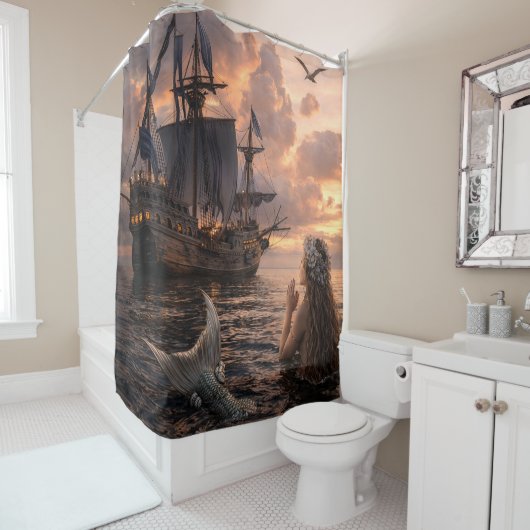 Mermaid Looking At A Sailing Ship シャワーカーテン (インサイチュ)
