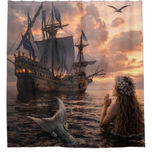 Mermaid Looking At A Sailing Ship シャワーカーテン (正面)