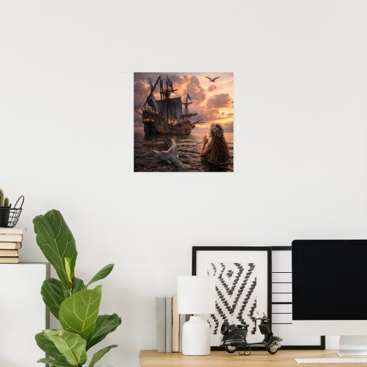 Mermaid Looking At A Sailing Ship ポスター (ホームオフィス)