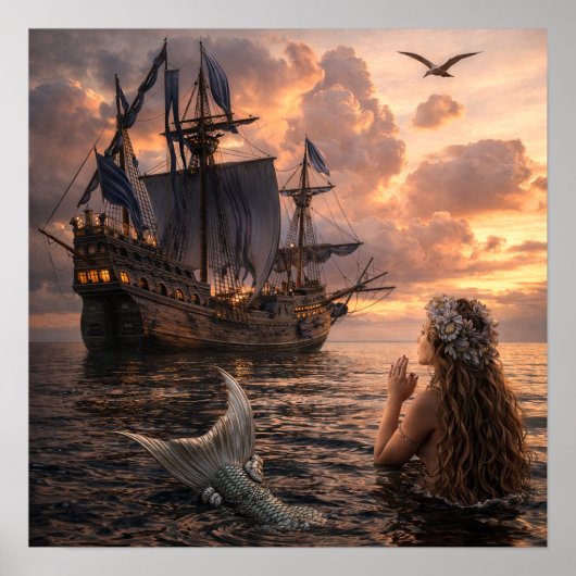 Mermaid Looking At A Sailing Ship ポスター (正面)