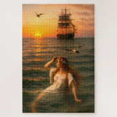 Mermaid Looking At Sailing Ship At Sunset ジグソーパズル (縦)