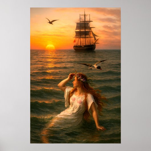 Mermaid Looking At Sailing Ship At Sunset ポスター (正面)