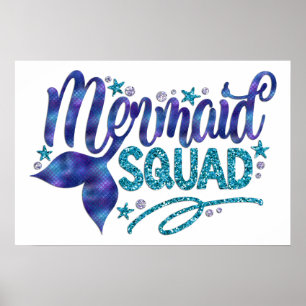 Mermaid - "Mermaid Squad" -ティール（緑がかった色）フェイクグリッター ポスター