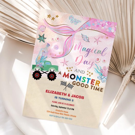 Mermaid & Monster Truck Birthday Invitation 招待状