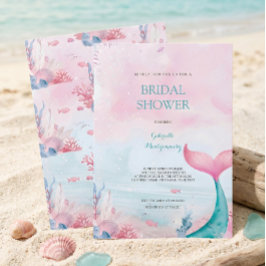 Mermaid Ocean Watercolor Dreamy Pink Bridal Shower 招待状