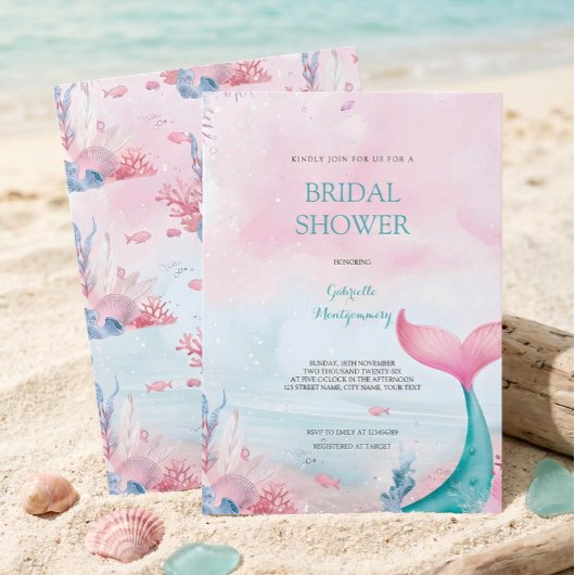 Mermaid Ocean Watercolor Dreamy Pink Bridal Shower 招待状