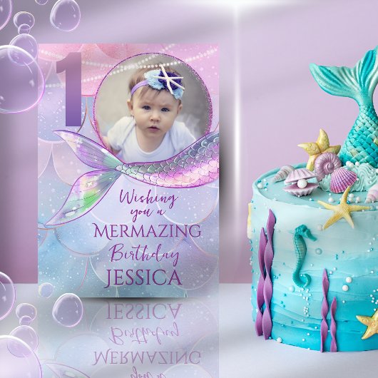 Mermaid One Photo 1st Birthday Card カード