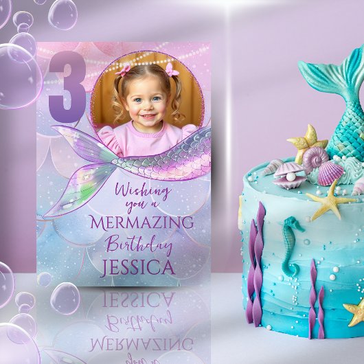 Mermaid One Photo 3rd Birthday Card カード