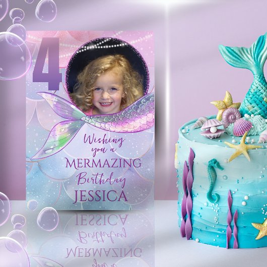 Mermaid One Photo 4th Birthday Card カード