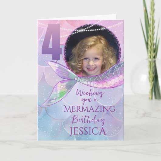 Mermaid One Photo 4th Birthday Card カード (正面)