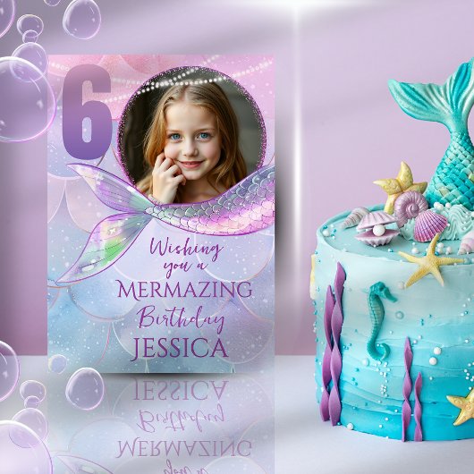 Mermaid One Photo 6th Birthday Card カード