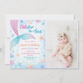 Mermaid Oneder The Sea 1st Birthdayパーティー写真 招待状 (正面)