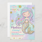 Mermaid Pink Purple Birthday 招待状 (正面/裏面)