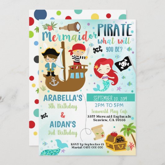 Mermaid Pirate Sibling Boy Girl Invitation 招待状 (正面/裏面)