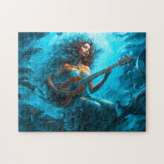 Mermaid Playing Guitar Underwater Fantasy Painting ジグソーパズル (横)