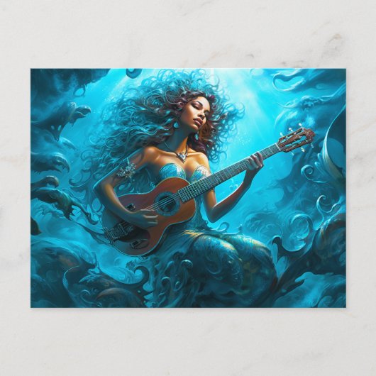 Mermaid Playing Guitar Underwater Fantasy Painting ポストカード (正面)
