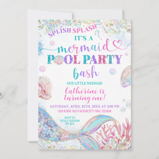 Mermaid Pool party bash invitation 招待状 (正面)
