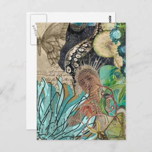 Mermaid Queen Mixed Media Collage ポストカード (正面/裏面)