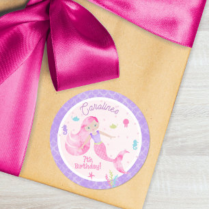 Mermaid Sea Creatures Pink Purple Birthday Party ラウンドシール