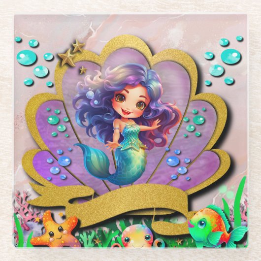 Mermaid、Seashell、Sea Animals Friends、コーラルリーフ ガラスコースター (正面)