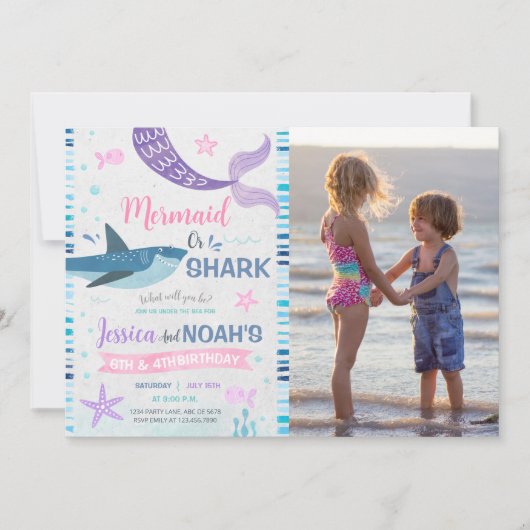 Mermaid & Shark Joint誕生日写真 招待状 (正面)