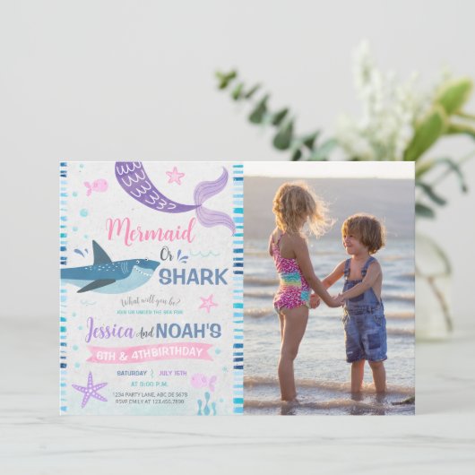 Mermaid & Shark Joint誕生日写真 招待状 (スタンド正面)