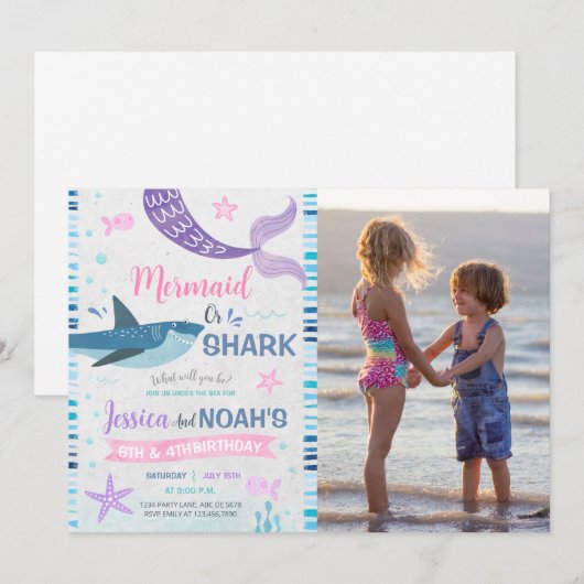 Mermaid & Shark Joint誕生日写真 招待状 (正面/裏面)