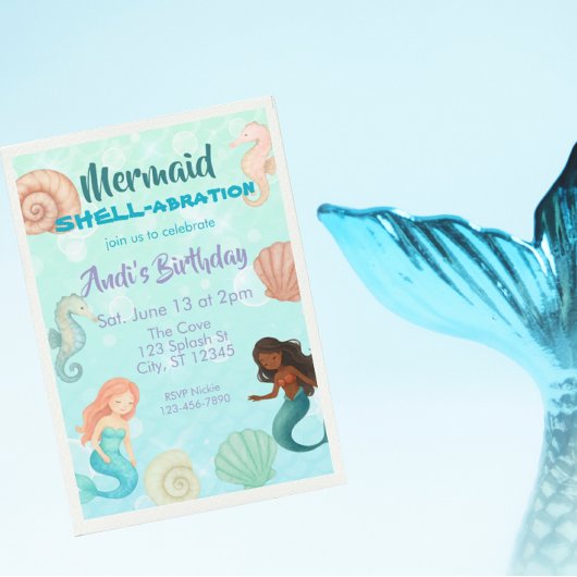 Mermaid SHELL-abration, Watercolor Birthday 招待状