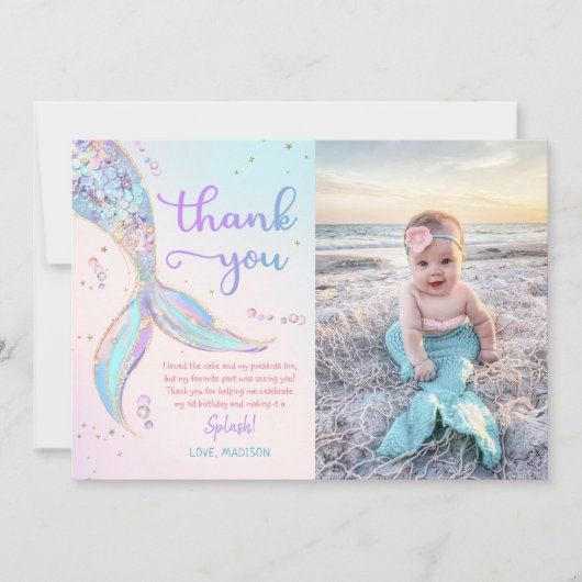 Mermaid Summer Pool 1st Birthdayパーティー写真 サンキューカード (正面)