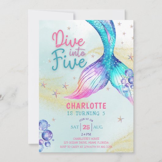 Mermaid Tail Dive into Five 5th birthday 招待状 (正面)