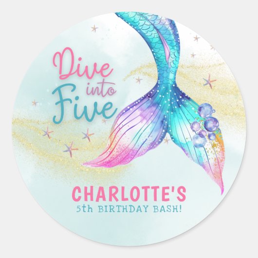 Mermaid tail Dive into Five Glitter Sticker ラウンドシール (正面)