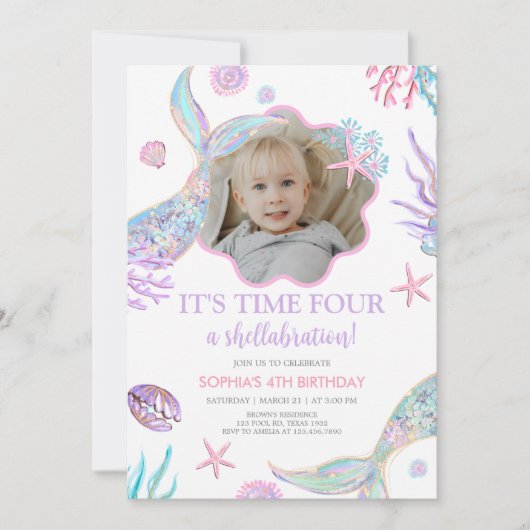 Mermaid Tail Fourth Birthday Party  招待状 (正面)