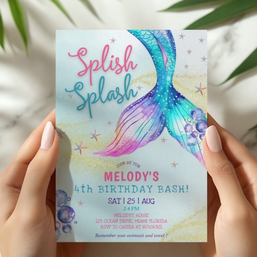 Mermaid Tail Glitter 4th Birthday Invitation 招待状