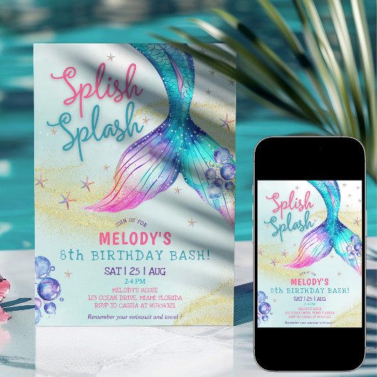 Mermaid Tail Glitter 8th Birthday Invitation 招待状