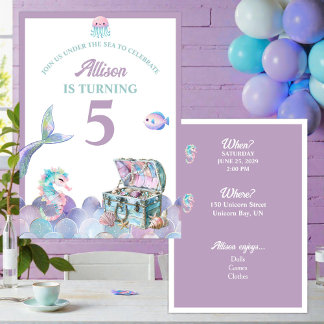 Mermaid Tail Purple Girly Birthday Invitation 招待状