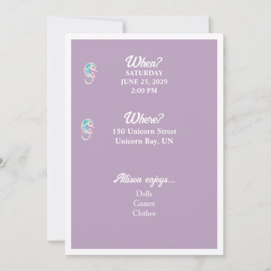 Mermaid Tail Purple Girly Birthday Invitation 招待状 (裏面)