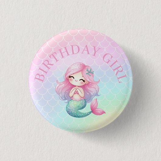 Mermaid Tail Teal Pink Girly Birthday 缶バッジ (正面)
