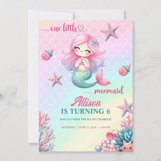 Mermaid Tail Teal Pink Girly Birthday Invitation 招待状 (正面)