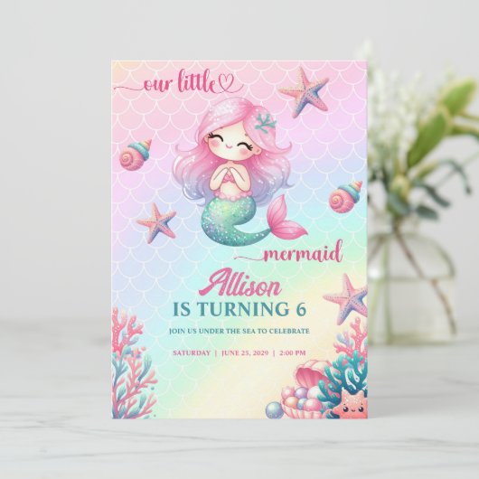 Mermaid Tail Teal Pink Girly Birthday Invitation 招待状 (スタンド正面)