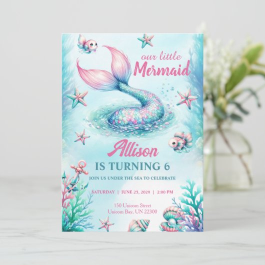 Mermaid Tail Teal Pink Girly Birthday Invitation 招待状 (スタンド正面)