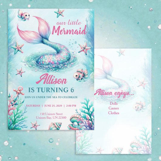 Mermaid Tail Teal Pink Girly Birthday Invitation 招待状