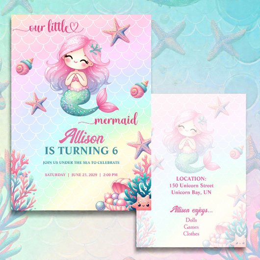Mermaid Tail Teal Pink Girly Birthday Invitation 招待状