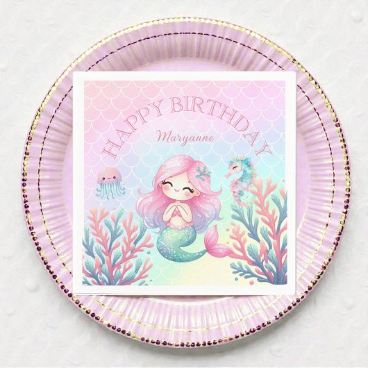 Mermaid Tail Teal Pink Girly Birthday Party スタンダードカクテルナプキン