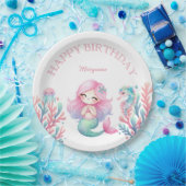 Mermaid Tail Teal Pink Girly Birthday Party ペーパープレート (パーティー)