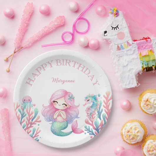 Mermaid Tail Teal Pink Girly Birthday Party ペーパープレート (パーティー)