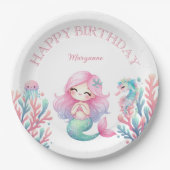 Mermaid Tail Teal Pink Girly Birthday Party ペーパープレート (正面)