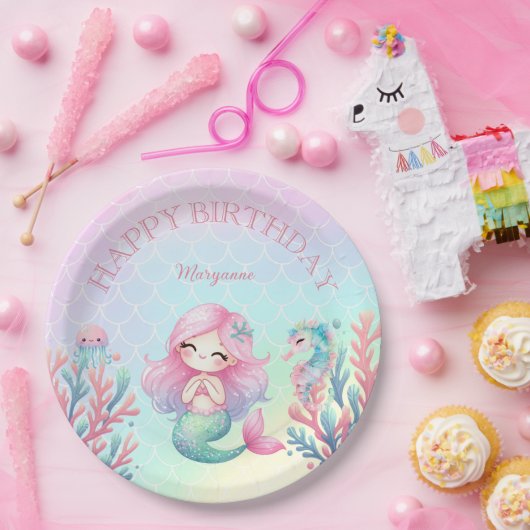 Mermaid Tail Teal Pink Girly Birthday Party ペーパープレート (パーティー)