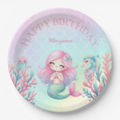 Mermaid Tail Teal Pink Girly Birthday Party ペーパープレート (正面)